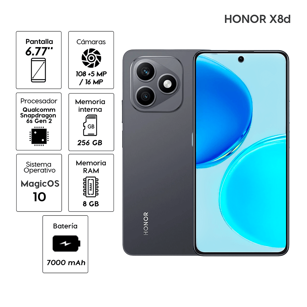 Imagen 2 del producto Celular HONOR X8d 256GB, 8GB RAM, cámara trasera 108MP, frontal 16MP, pantalla 6.77"", Negro