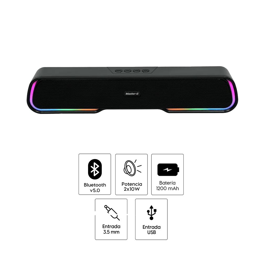 Imagen 2 del producto Barra de sonido Gamer Master-G Bluetooth 5.0, TWS, luces RGB, USB, MicroSD, AUX, radio FM, negro