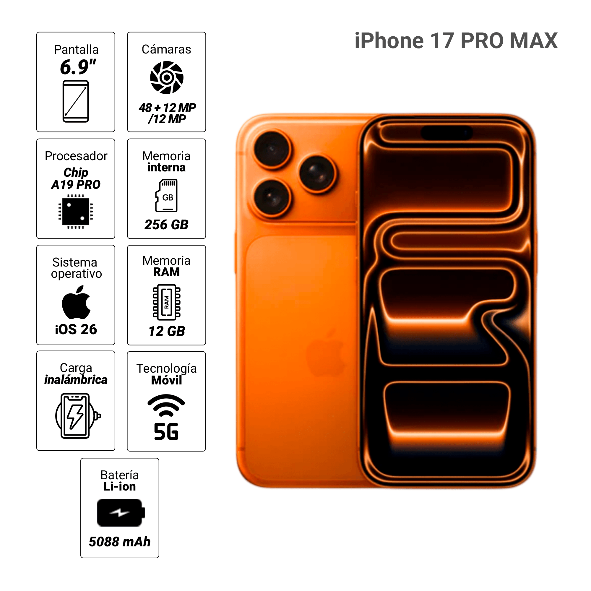 Imagen 2 del producto iPhone 17 Pro Max eSIM 5G 256GB, 12GB RAM, cámara trasera 48MP y frontal 12MP, 6.9"", Cosmic Orange