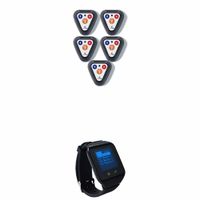 Sistema de llamado de mozos EasyCall inalámbrico, 5 pulsadores, 5 soportes acrílicos, 1 reloj localizador, alcance 100 m, audio y vibración