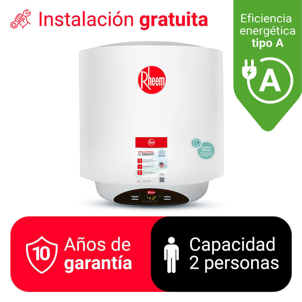 Imagen 2 del producto Terma eléctrica Rheem Ai smart, 50 litros, esmaltada con zafiro, blanco