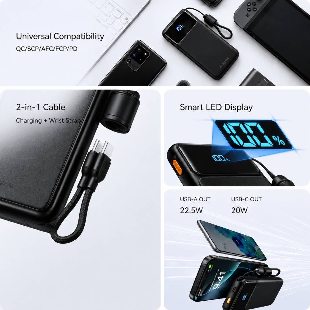 Imagen 2 del producto Batería externa Bossney, 10000mAh, 22.5W, carga rápida, USB-C y Lightning, display LED, compatible Android, iPhone y iPad, negro