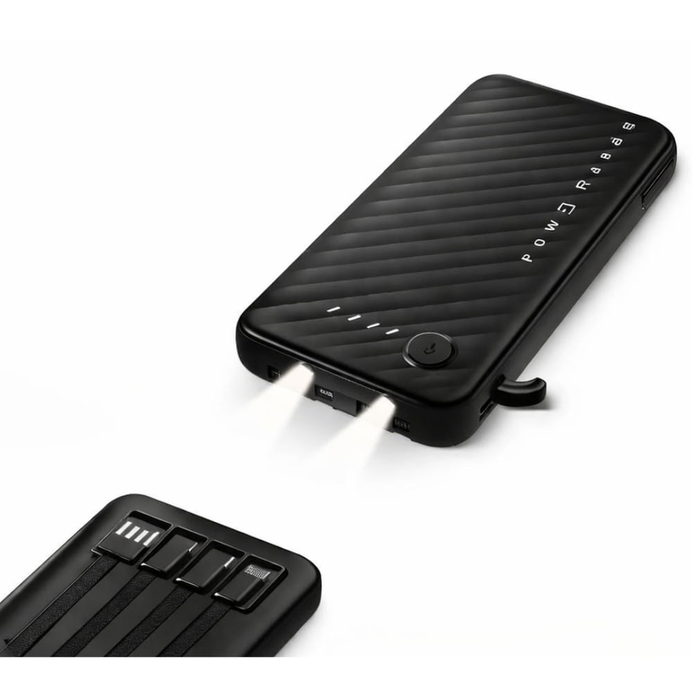 Imagen 2 del producto Batería externa Bossney, 10000mAh, 22.5W, carga rápida, 4 cables integrados, linterna LED, compatible Android, iPhone y iPad, negro
