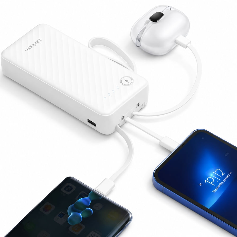Imagen 2 del producto Batería externa Bossmey BS-E5743, 10000mAh, 22.5W, 4 cables integrados, linterna LED, Android, iPhone y iPad, blanco