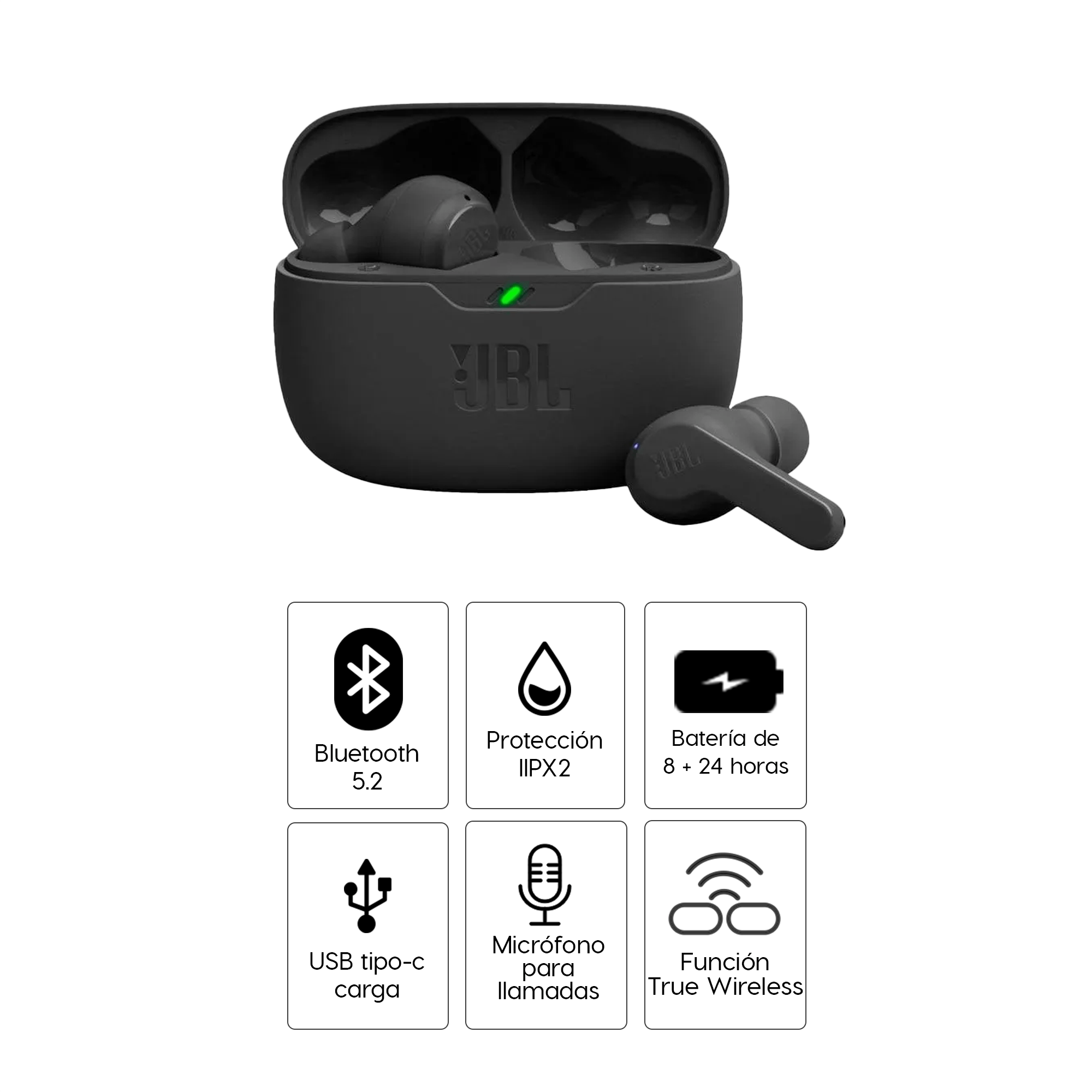Imagen 2 del producto Audífonos bluetooth JBL Vibe BEAM TWS Pure Bass, resistente al agua, hasta 32 horas de reproducción, negro