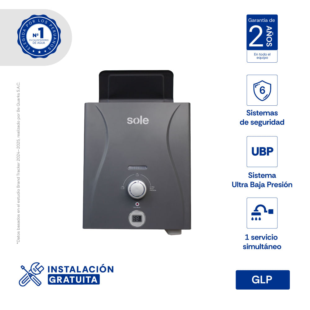 Imagen 2 del producto Calentador instantáneo Sole 3120SOLEGASE05V3C, 5.5 L/min, GLP, 11KW, control total, 6 sistemas de seguridad, gris oscuro