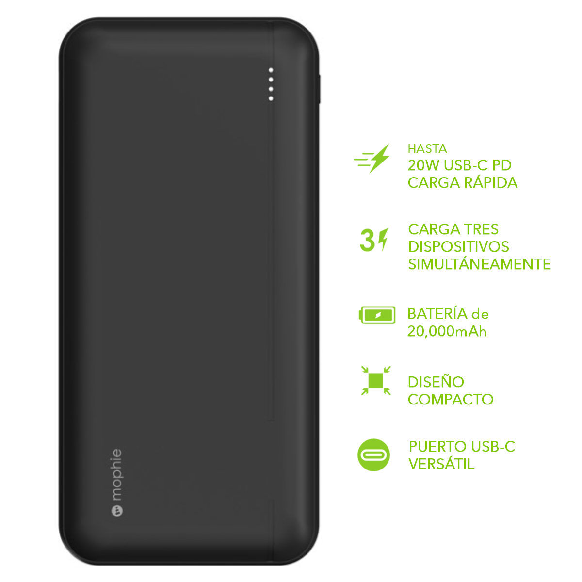 Imagen 2 del producto Batería externa Mophie essentials Powerstation, 20000mAh, USB-C PD 20W, 2 USB-A, Micro USB, LED, negro