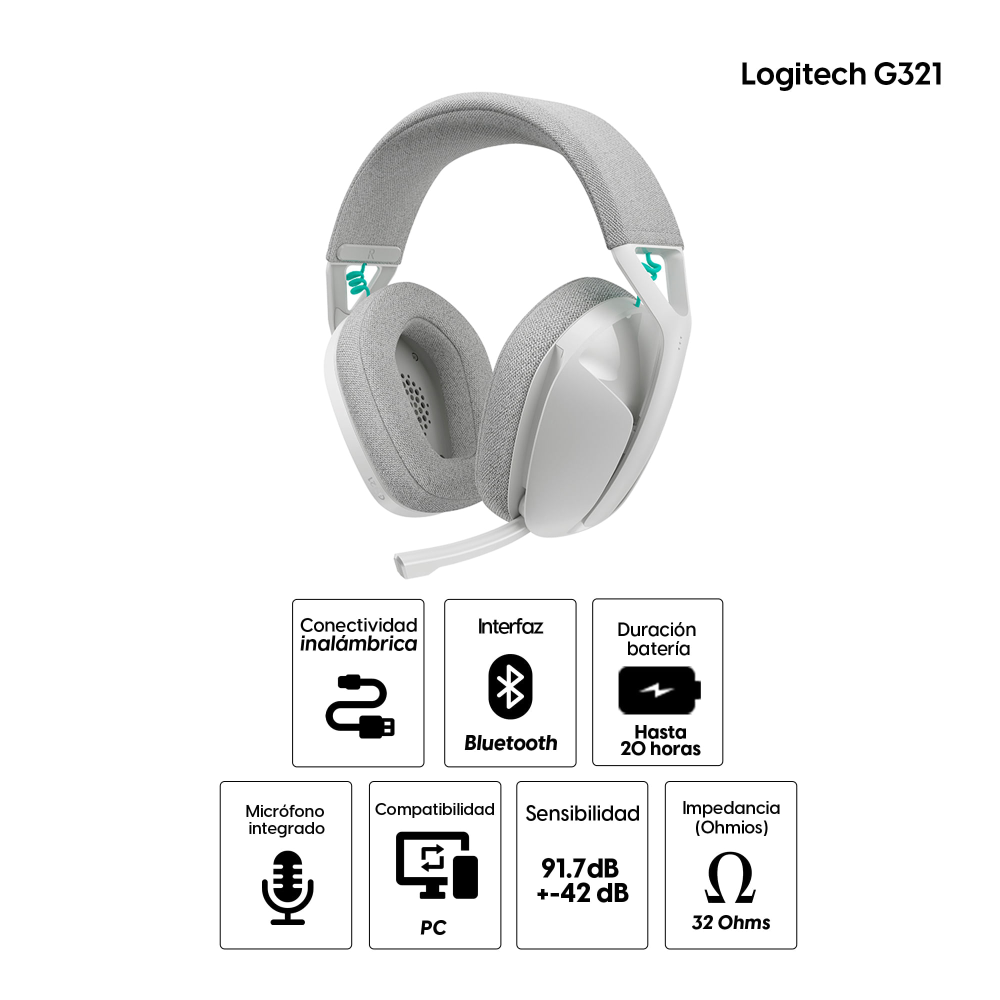 Imagen 2 del producto Audífonos gamer Logitech G321 con micrófono, conexión bluetooth 5.2, 32 ohm, sensibilidad 91.7 dB, PC y consolas, blanco