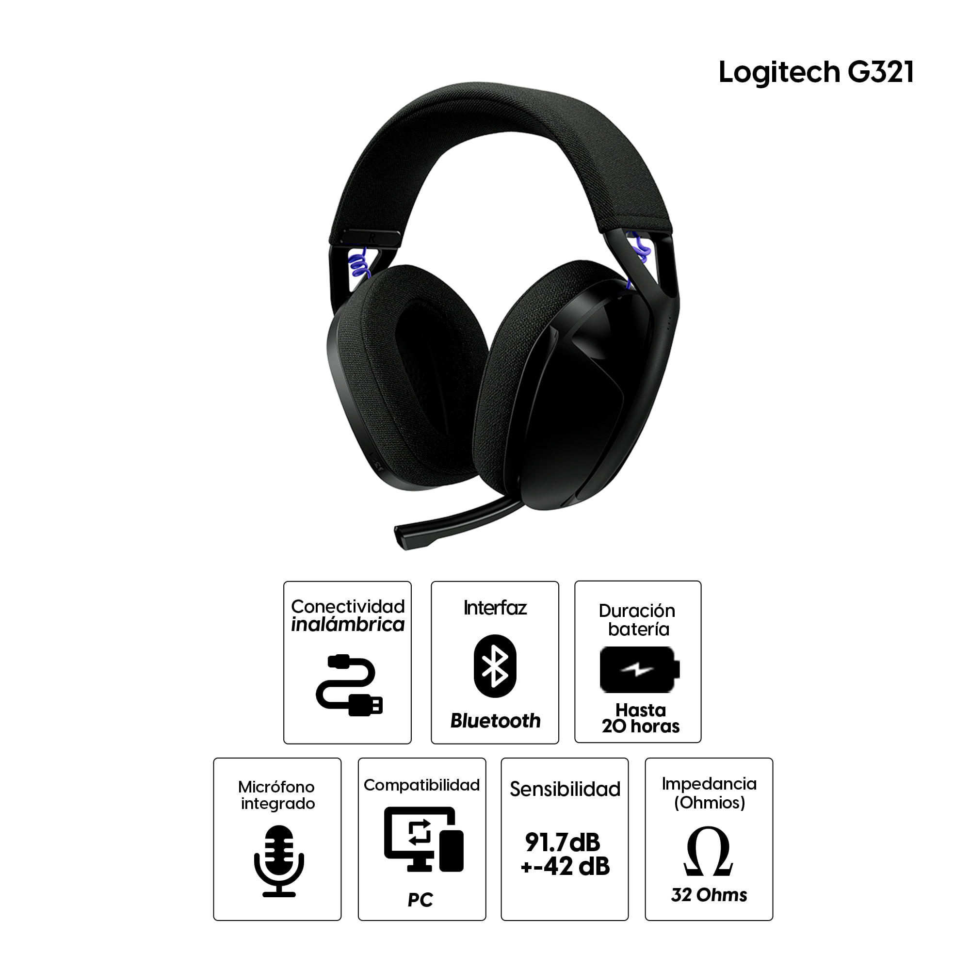 Imagen 2 del producto Audífonos gamer Logitech G321 con micrófono, conexión bluetooth 5.2, 32 ohm, sensibilidad 91.7 dB, PC y consolas, negro