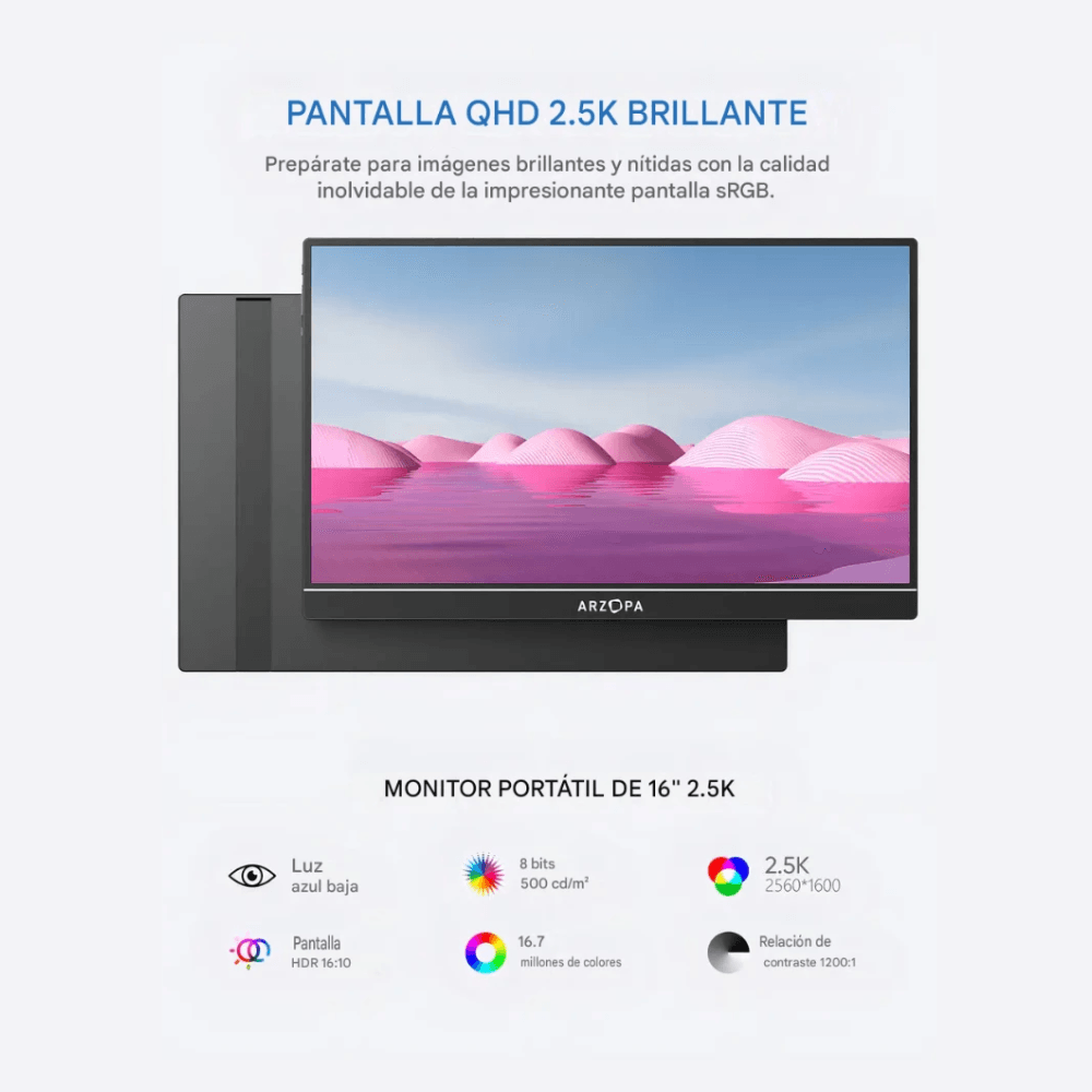 Imagen 2 del producto Monitor portátil Arzopa Z1RC 16"" IPS 2.5K 2560x1600, 60Hz, 5ms, Mini HDMI, USB Tipo-C + Funda