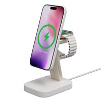 Base de carga inalámbrica mophie 2 en 1, Qi2, iPhone y Apple Watch, 15W, soporte ajustable, blanco