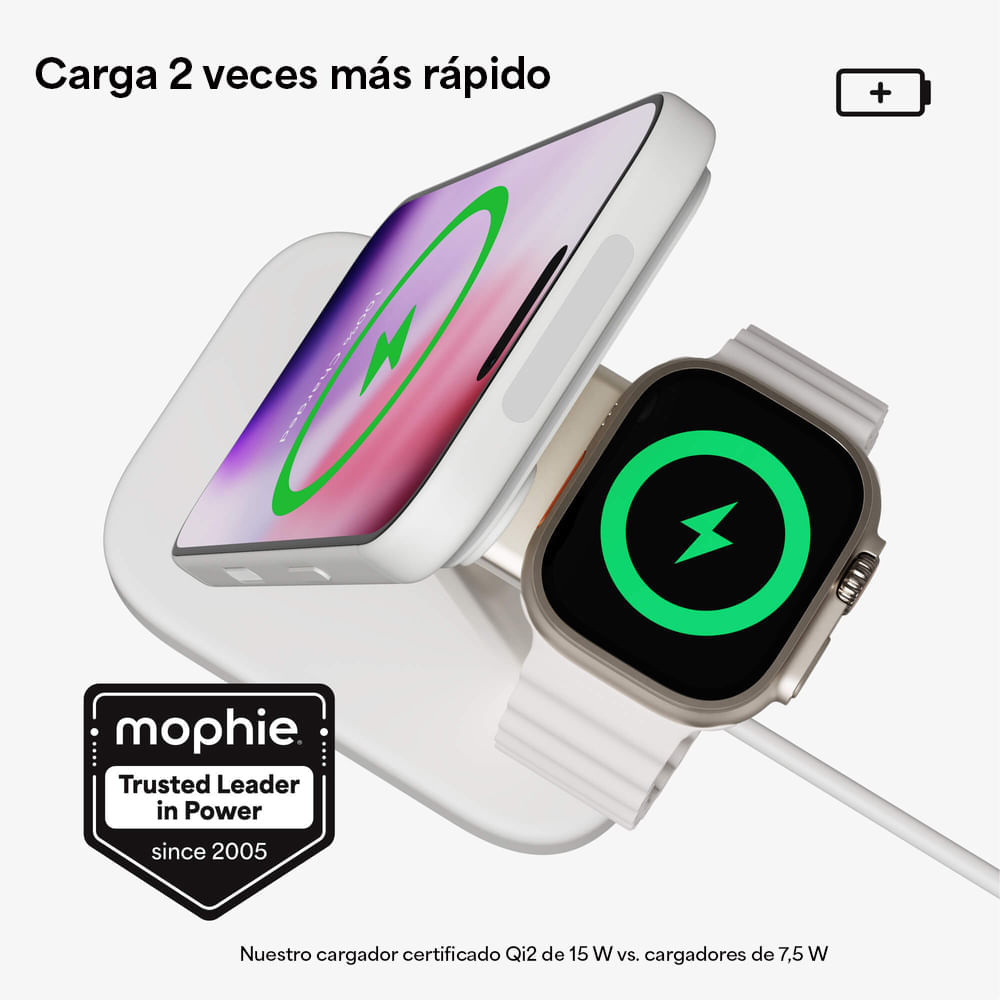 Imagen 2 del producto Base de carga inalámbrica mophie 2 en 1, Qi2, iPhone y Apple Watch, 15W, soporte ajustable, blanco