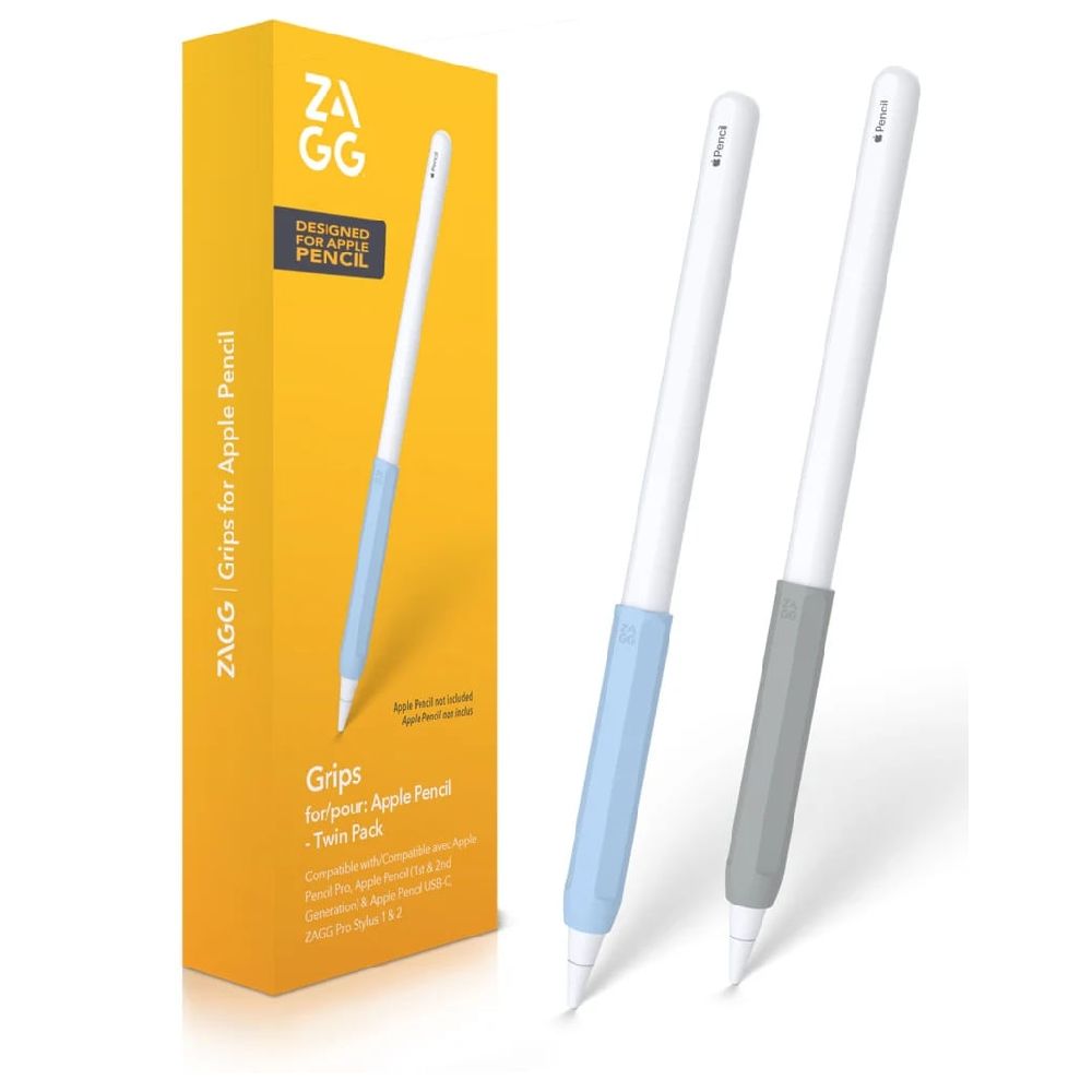 Grip de silicona Zagg para Apple Pencil, set de 2 unidades, diseño ergonómico, mejor agarre, azul/gris
