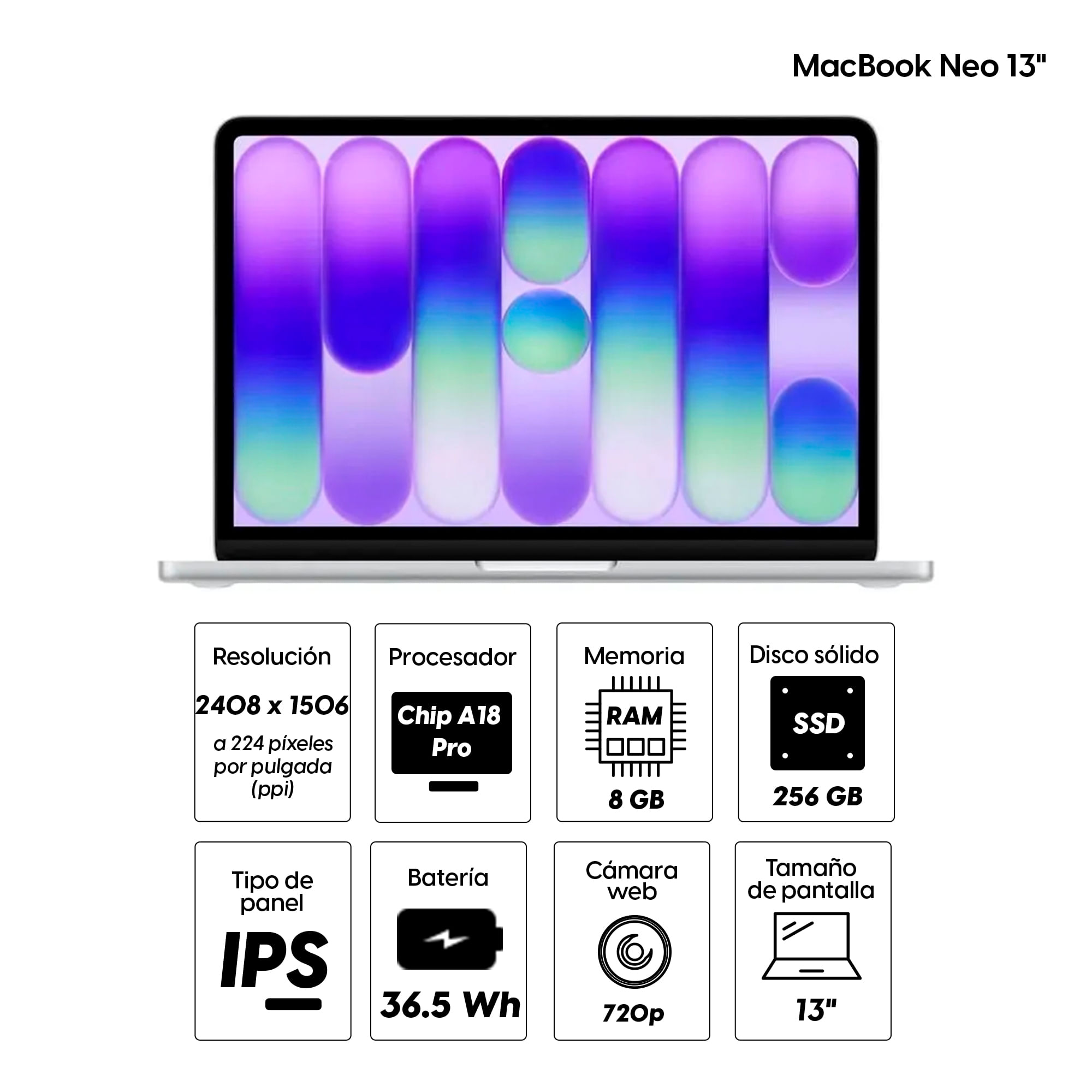 Imagen 2 del producto MacBook Neo 13"" Chip A18 Pro, 256GB SSD, 8GB RAM, macOS, teclado inglés, silver