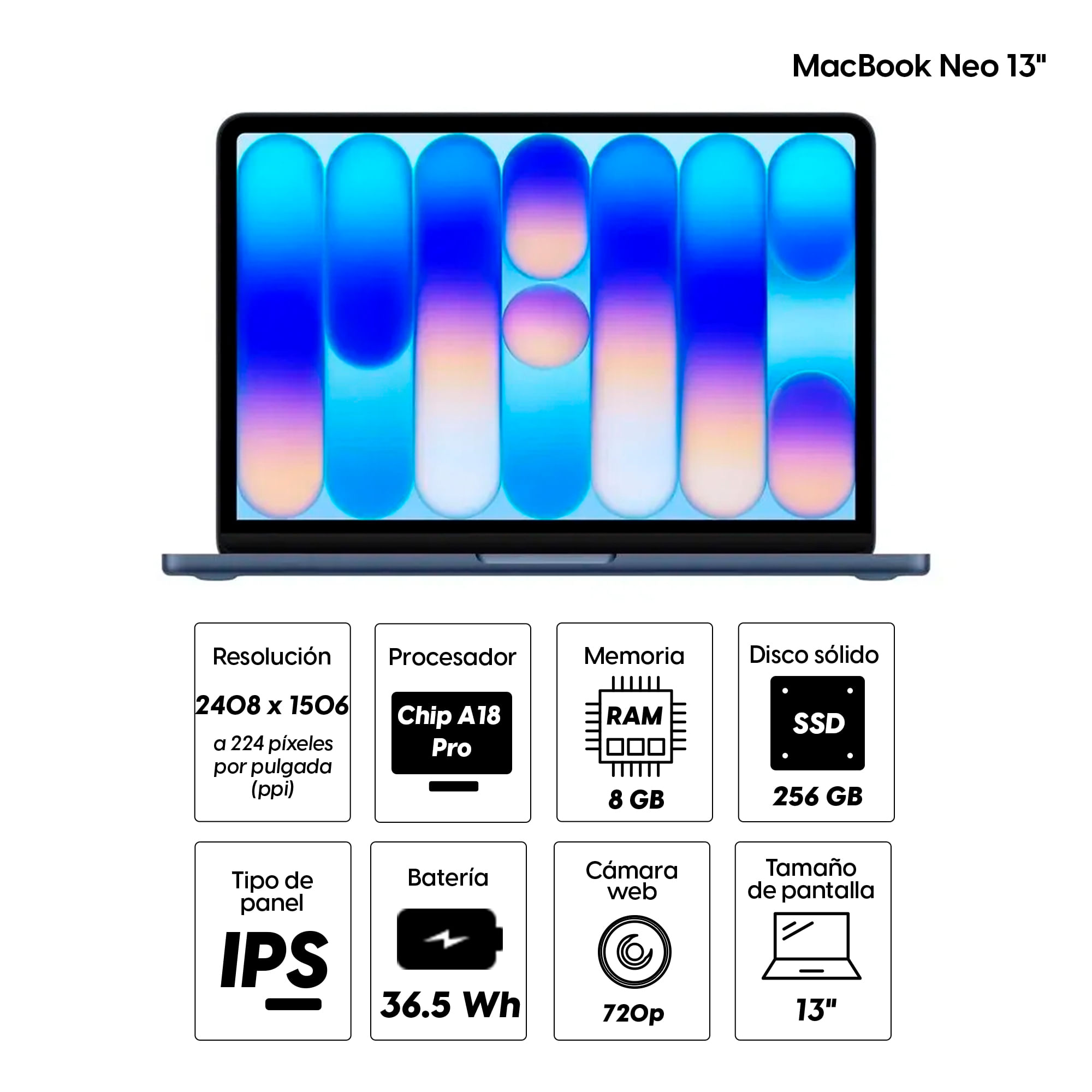 Imagen 2 del producto MacBook Neo 13"" Chip A18 Pro, 256GB SSD, 8GB RAM, macOS, teclado inglés, índigo