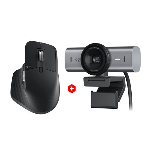 Combo Logitech: Mouse inalámbrico MX Master 3S Bluetooth, 8000 DPI, 7 botones, negro + Cámara web MX Brio Pro 700 UHD 4K con micrófono, USB Tipo-C