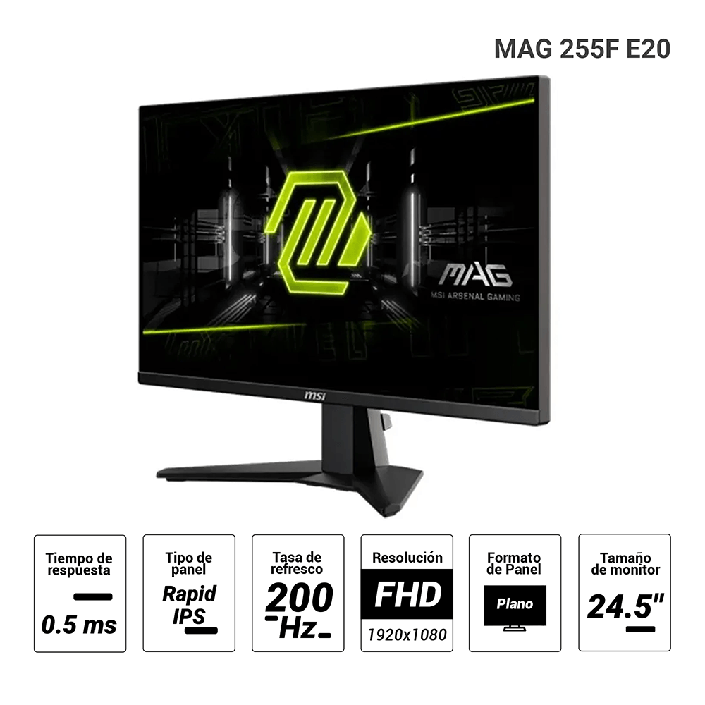 Imagen 2 del producto Monitor gamer plano MSI MAG 255F E20 24.5"" Rapid IPS Full HD, 200Hz, 0.5ms, HDMI/DisplayPort, negro
