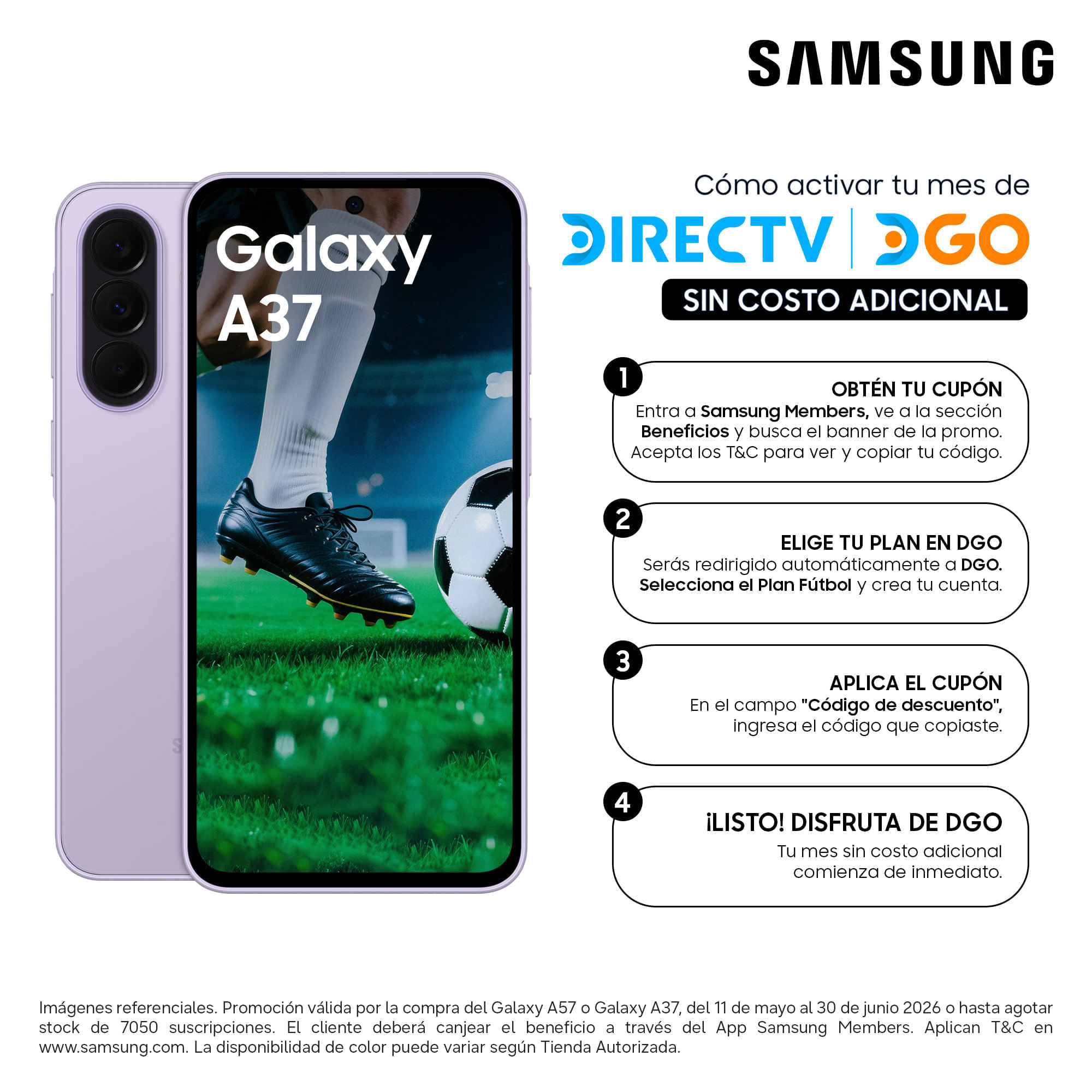 Imagen 2 del producto Celular Samsung Galaxy A37 5G 256GB, 8GB RAM, cámara trasera 50MP y frontal 12MP, 6.7'', violeta