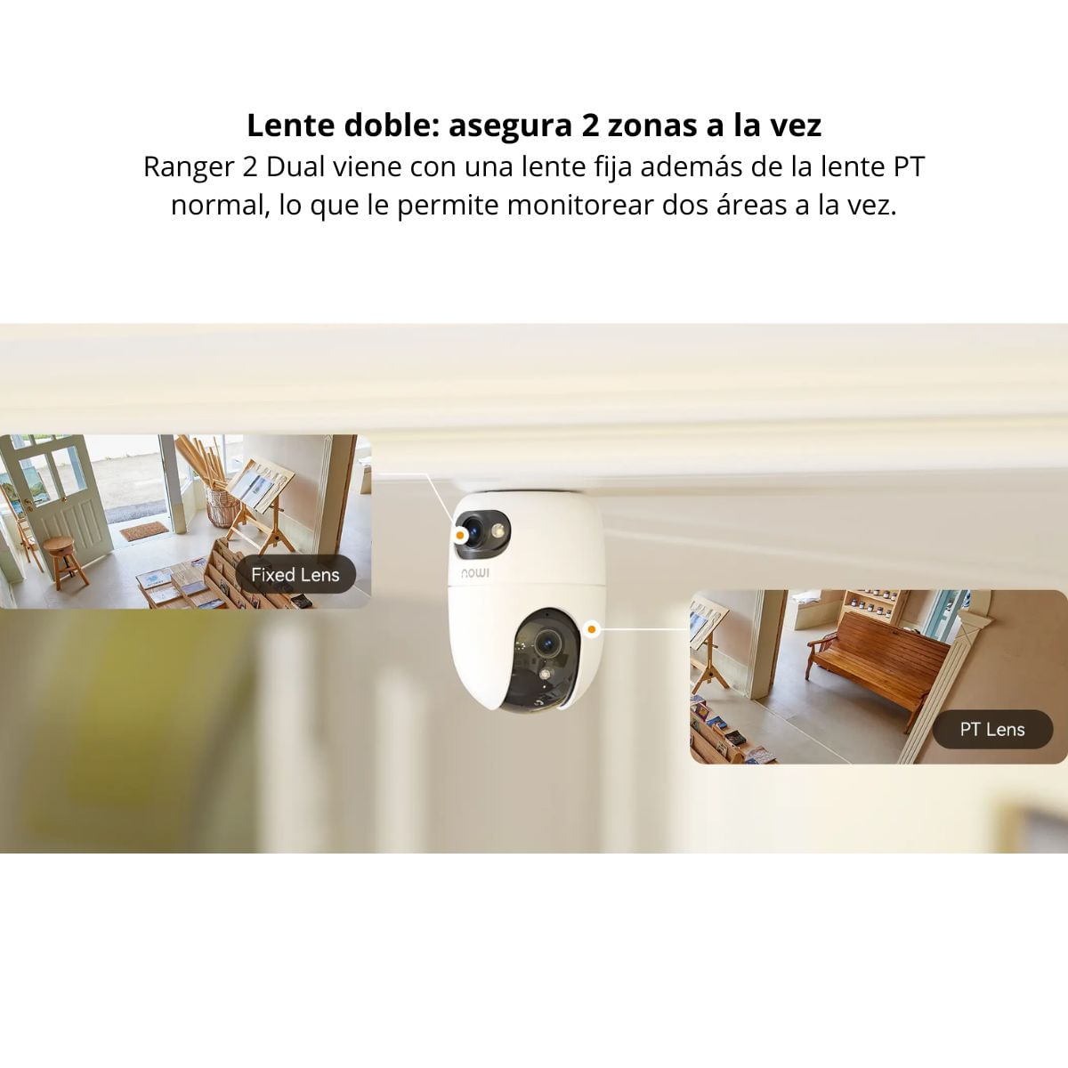 Imagen 2 del producto Cámara de seguridad Imou Ranger Dual, interior, 10MP, doble lente, Wi-Fi, visión nocturna, movimiento 355°, microSD 64GB, blanco