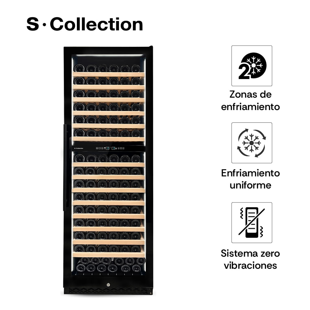 Imagen 2 del producto Cava de vinos S-Collection, 188 botellas, 450L, doble zona, compresor, 14 estantes, triple vidrio templado