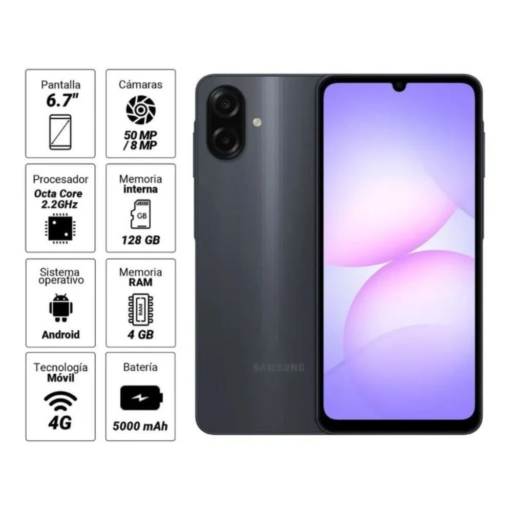 Imagen 2 del producto Celular Samsung Galaxy A07 128GB, 4GB RAM, cámara trasera 50MP, frontal 8MP, pantalla 6.7"", negro