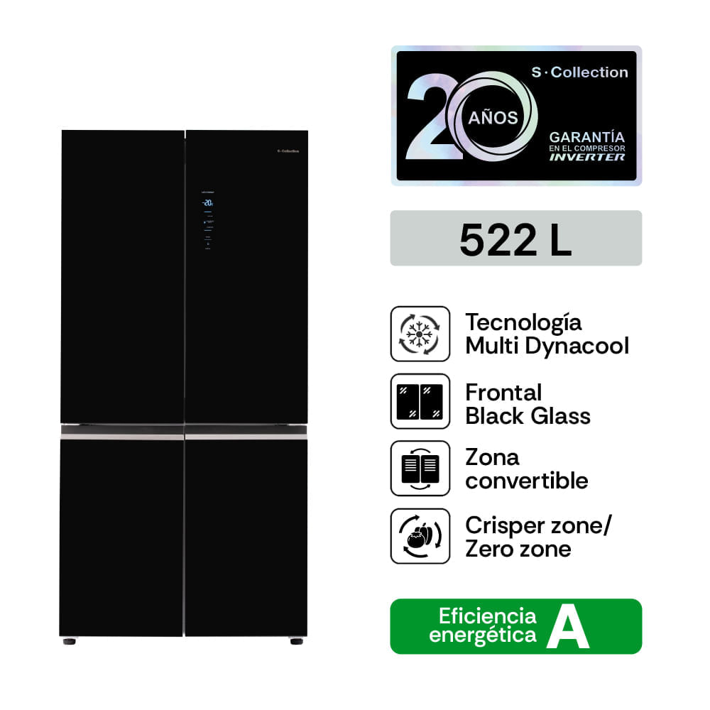 Imagen 2 del producto Refrigeradora S-Collection Berlin, 522L, 4 puertas, No Frost, Cooling Inverter, panel touch, vidrio templado