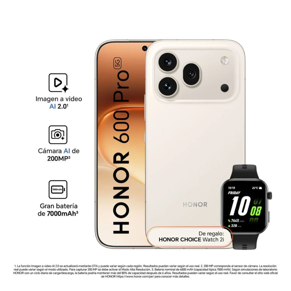 Imagen 2 del producto Celular Honor 600 5G 256GB, 8GB RAM, cámara trasera 200MP, frontal 50MP, pantalla 6.57"", dorado platino + Honor Watch 2i