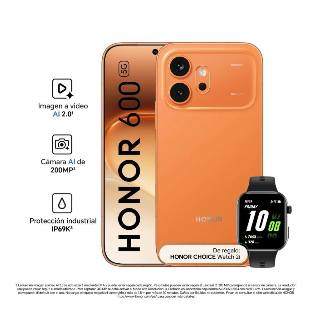 Imagen 2 del producto Celular Honor 600 5G 256GB, 8GB RAM, cámara trasera 200MP, frontal 50MP, pantalla 6.57"", naranja + Honor Watch 2i