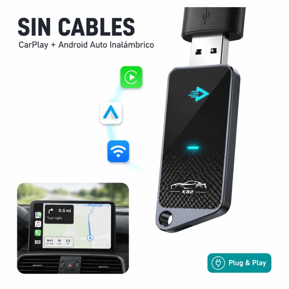 Imagen 2 del producto Adaptador inalámbrico K82 para CarPlay y Android Auto de fábrica, WiFi dual band, Bluetooth 5.2, Plug & Play, USB Tipo-C, negro