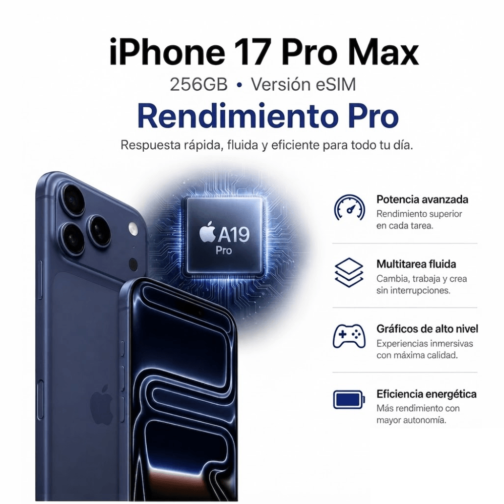 Imagen 2 del producto iPhone 17 Pro Max eSIM 5G 256GB, 12GB RAM, cámara 48MP, frontal 12MP, pantalla 6.9"", chip A19 Pro, iOS, USB Tipo-C, Deep Blue