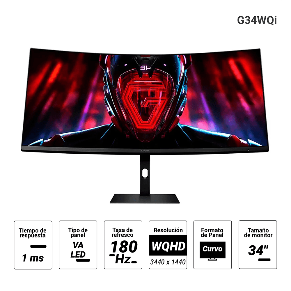 Imagen 2 del producto Monitor gamer curvo Xiaomi G34WQi 34"" VA LED WQHD 3440x1440, 180Hz, 1ms MPRT, HDMI/DisplayPort, altura ajustable, VESA, negro