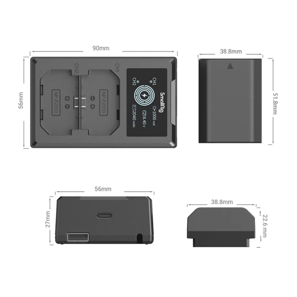 Imagen 2 del producto Kit SmallRig 3824B cargador y 2 baterías, NP-FZ100, compatible con cámaras Sony, 2040mAh, pantalla LCD