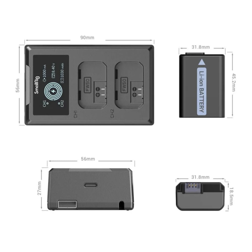 Imagen 2 del producto Kit SmallRig cargador y 2 baterías, NP-FW50, compatible con cámaras Sony, 1030 mAh, pantalla LCD
