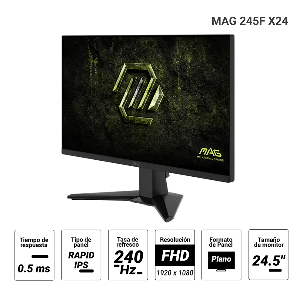 Imagen 2 del producto Monitor gamer plano MSI MAG 245F X24 24.5"", Rapid IPS, Full HD, 240Hz, 0.5ms, entradas HDMI/DP, antirreflejos, negro