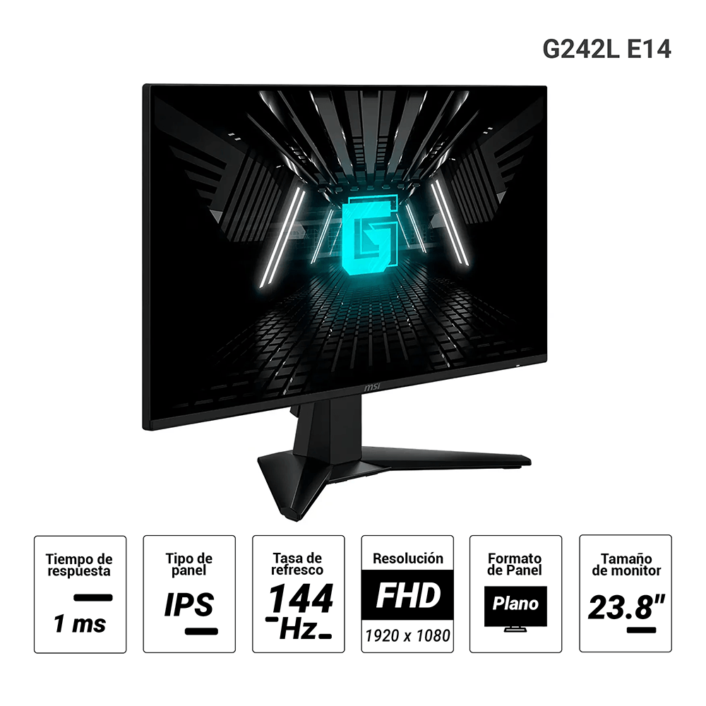 Imagen 2 del producto Monitor gamer plano MSI G242L E14 23.8"", IPS, Full HD, 144Hz, 1ms, entradas HDMI/DP, Adaptive Sync, antirreflejos, negro