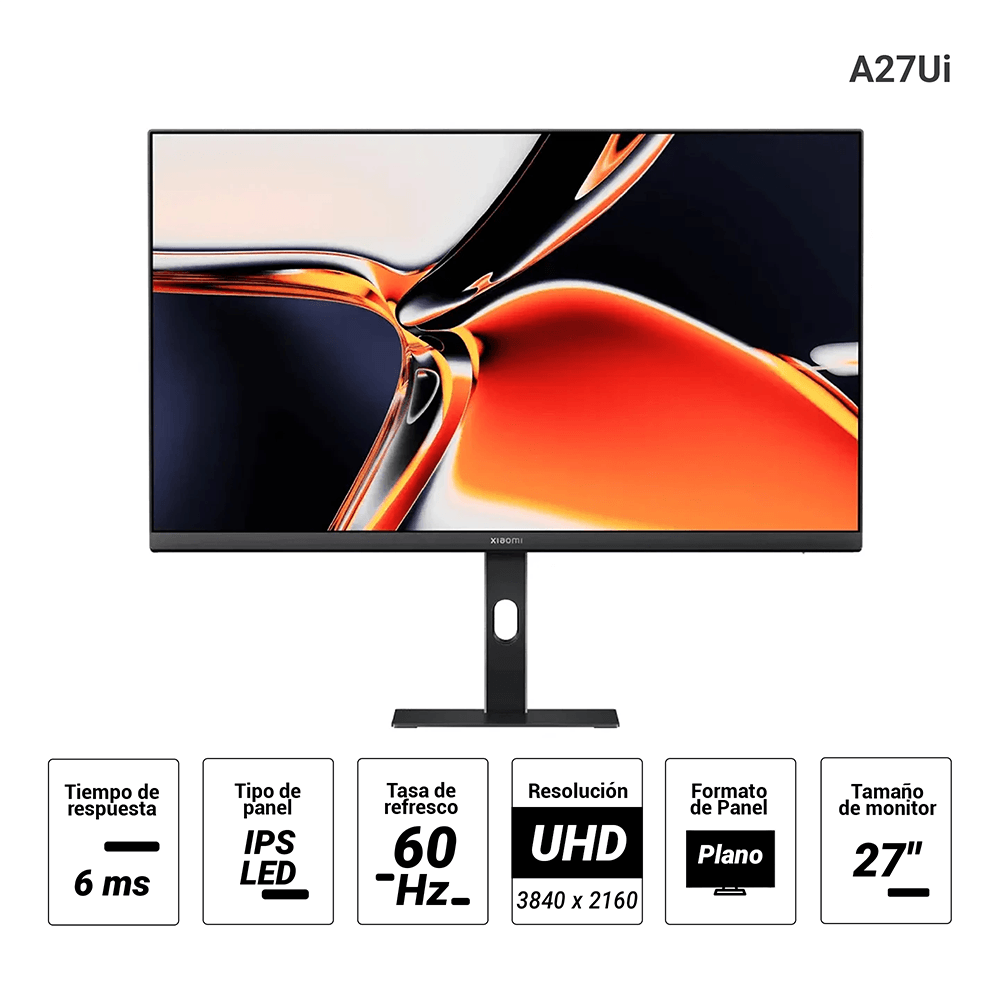 Imagen 2 del producto Monitor plano Xiaomi A27Ui 27"", IPS LED, 4K UHD, 60Hz, 6ms, entradas USB-C/HDMI/DP, HDR, carga 90W, negro