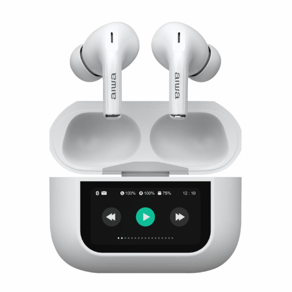 Imagen 2 del producto Audífonos Bluetooth TWS AIWA AWTWSGPRO true wireless, ANC, IPX4, hasta 30h, pantalla táctil, micrófono, USB Tipo-C, blanco
