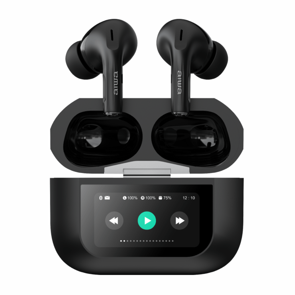 Imagen 2 del producto Audífonos Bluetooth TWS AIWA AWTWSGPRO true wireless, ANC, IPX4, hasta 30h, pantalla táctil, micrófono, USB Tipo-C, negro