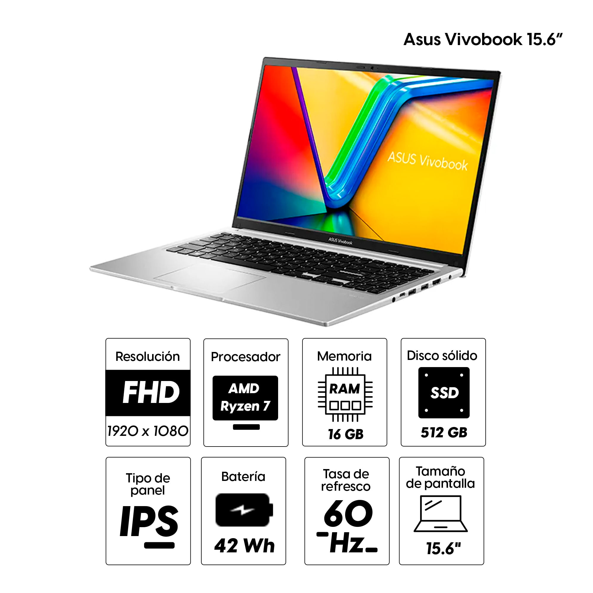 Imagen 2 del producto Laptop Asus Vivobook 15 M1502NAQ-BQ041 15.6"" AMD Ryzen 7 170, 512GB SSD, 16GB RAM, FreeDOS - sin sistema operativo, plata