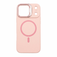 Case iBox soft line para iPhone 17 Pro Max con magsafe, soporte en cámara y material de silicona, metal y microfibra, rosado