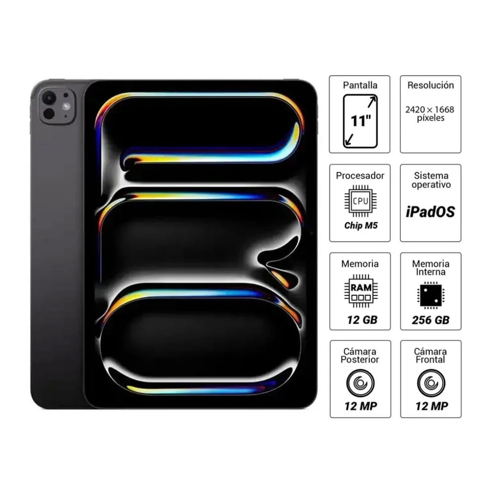 Imagen 2 del producto iPad Pro 11"" MDWK4LL/A 256GB, 12GB RAM, cámara principal 12MP y frontal 12MP, 8160 mAh, Apple M5, space black
