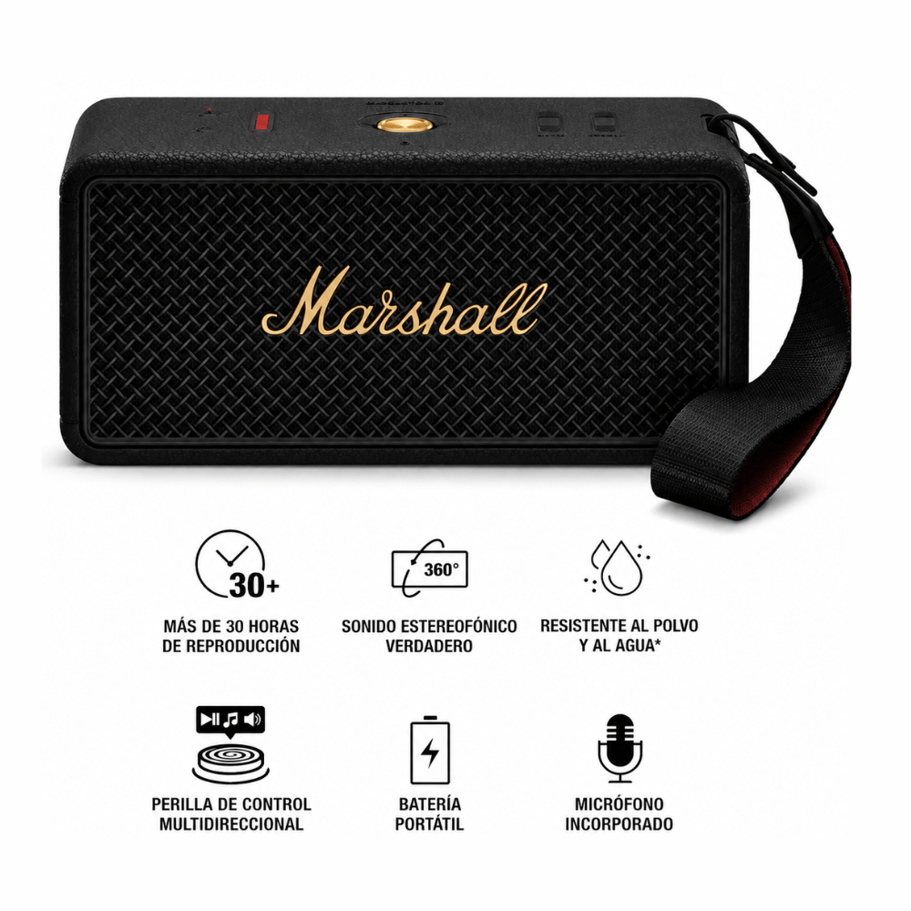 Imagen 2 del producto Parlante Bluetooth Marshall Middleton II, 80W RMS, Bluetooth 5.3, True Stereophonic 360°, IP67, más de 30 horas, función powerbank, negro