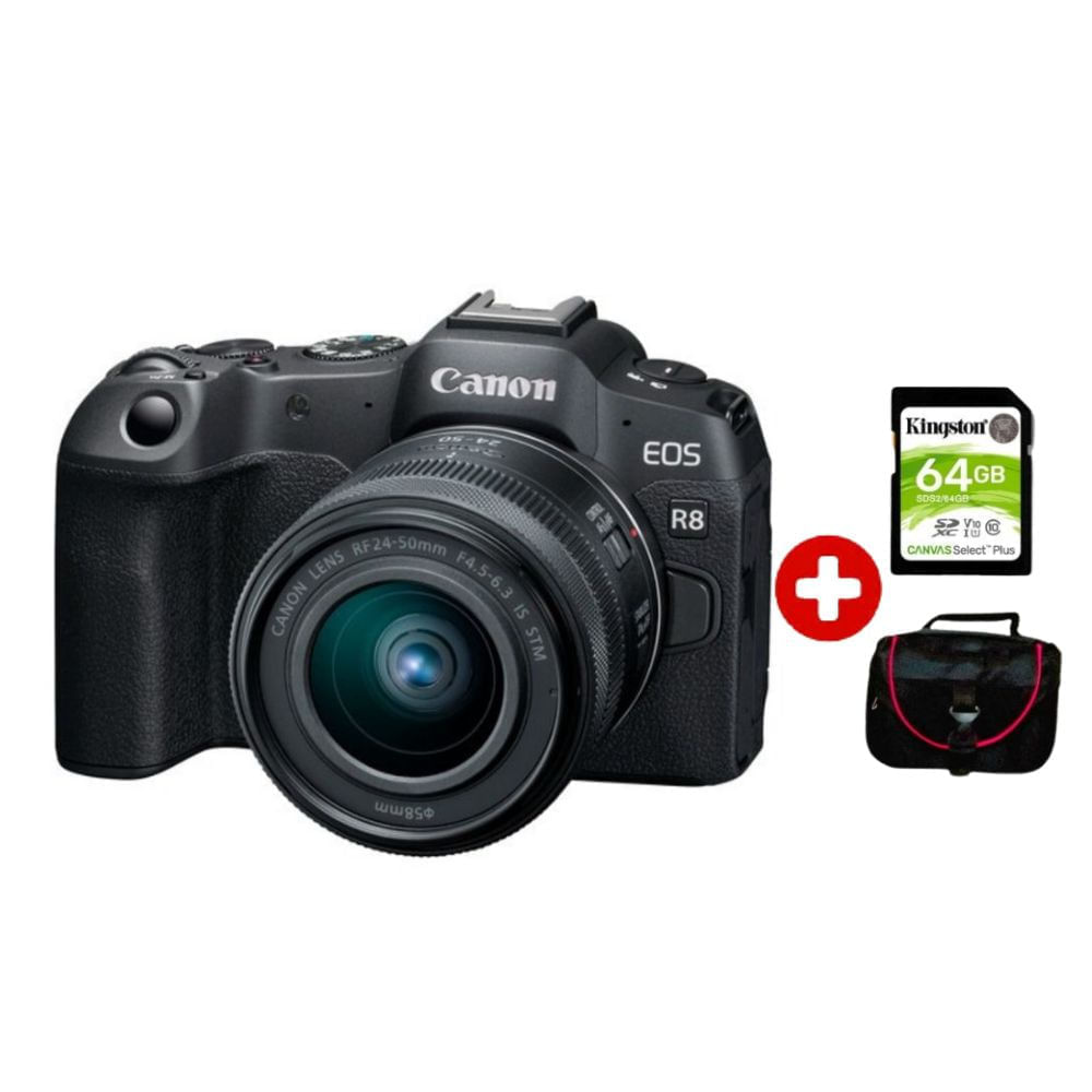 Imagen 2 del producto Cámara Canon EOS R8 Mirrorless + lente RF 24-50mm f/4.5-6.3 IS STM + kit básico, 24.2 MP, video 4K + Claqueta