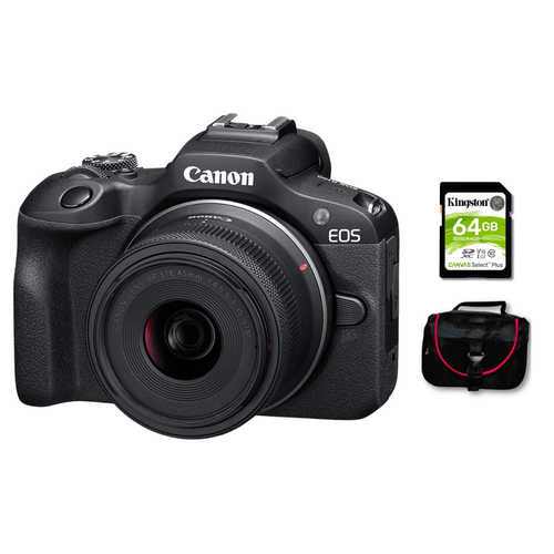 Cámara mirrorless Canon EOS R100 24.1MP, lente RF-S 18-45mm, video 4K, negro + kit básico