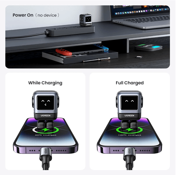 Imagen 2 del producto Cargador original UGREEN Robot GaN USB-C 30W, carga rápida, luz LED y patas magnéticas