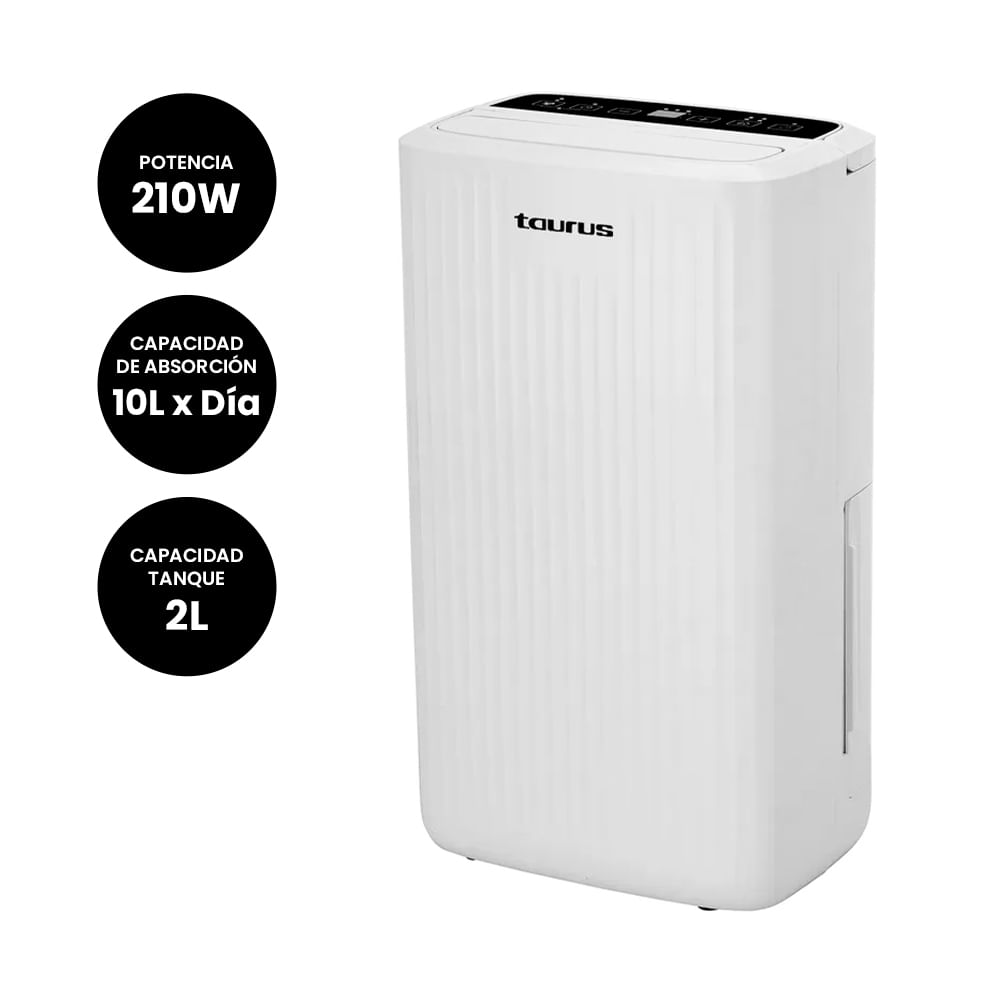 Imagen 2 del producto Deshumedecedor Taurus DH-10L, 10L por día, tanque 2L, panel digital, drenaje continuo, blanco