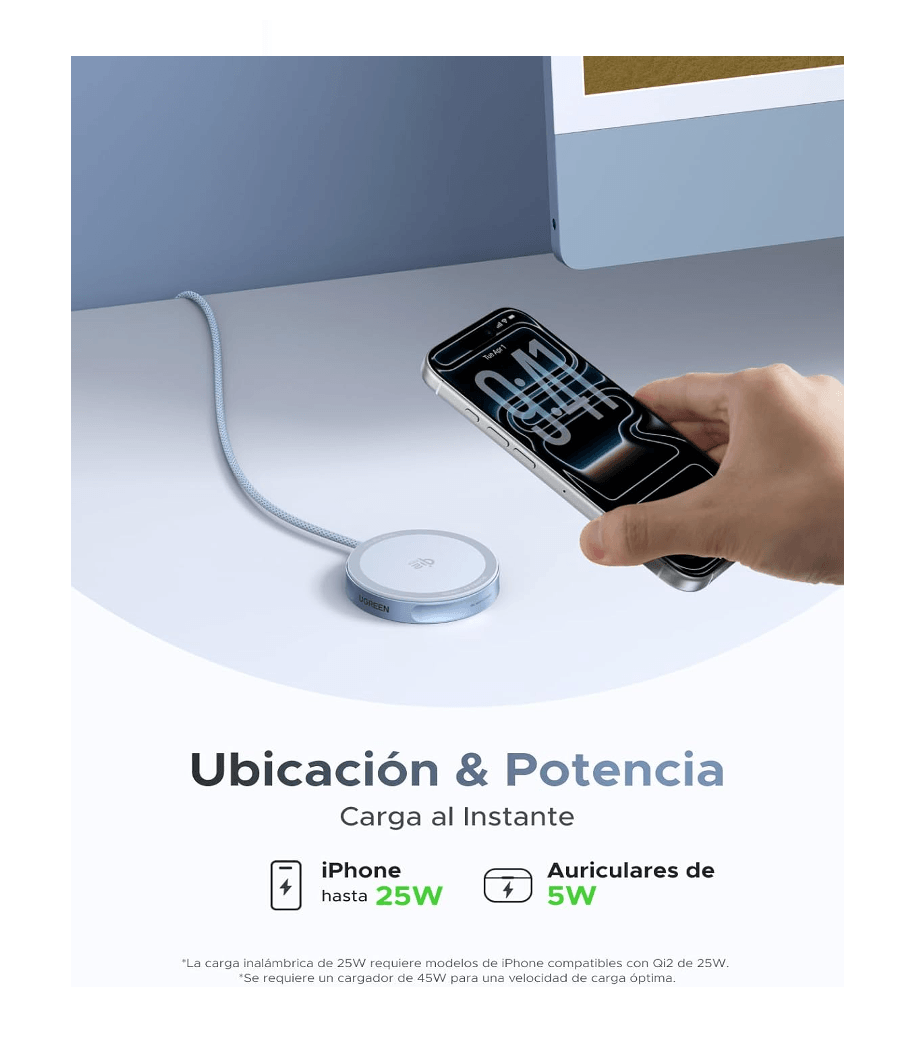 Imagen 2 del producto Base de carga inalámbrica UGREEN W753 MagSafe Qi2, 25W, USB-C, cable 1.5 m, silver