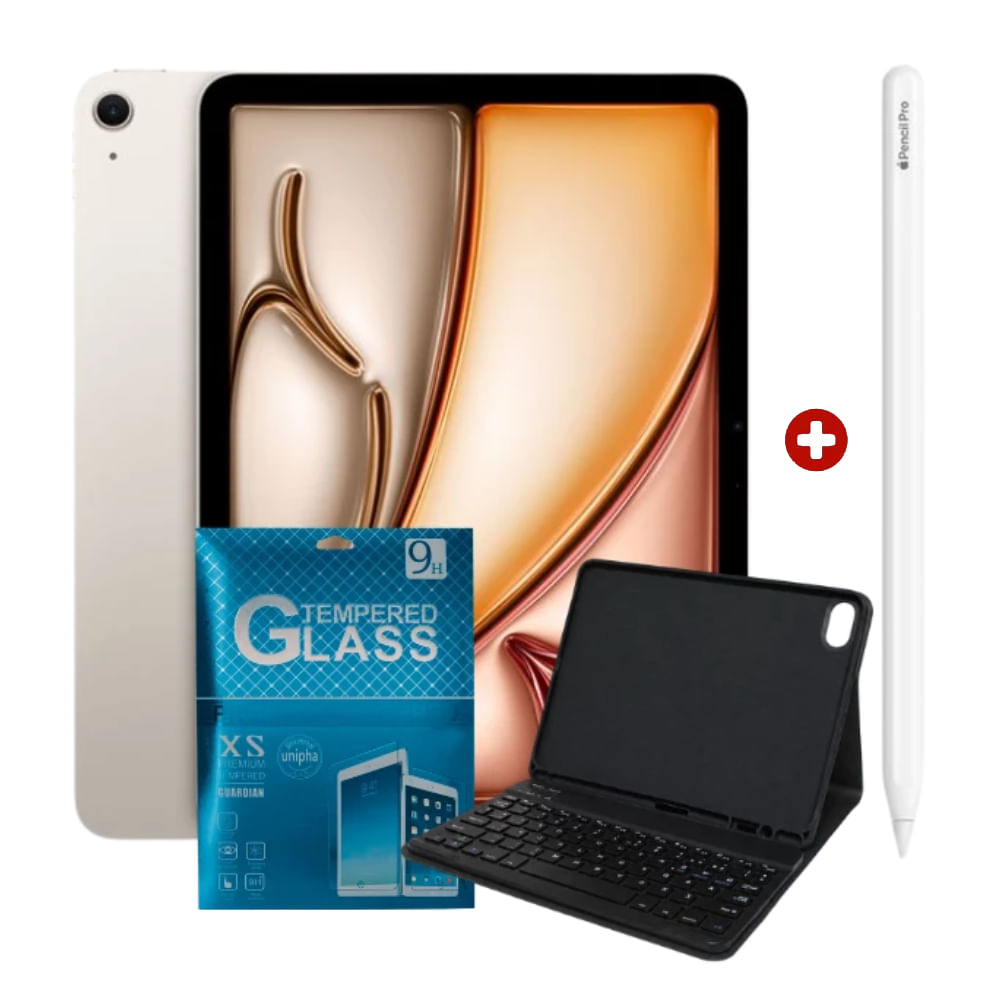 Imagen 1 del producto iPad Air 11"" 128GB, 12GB RAM, cámara principal 12MP y frontal 12MP, Chip M4, starlight + Smart Keyboard Compatible + Apple Pencil Pro + Mica