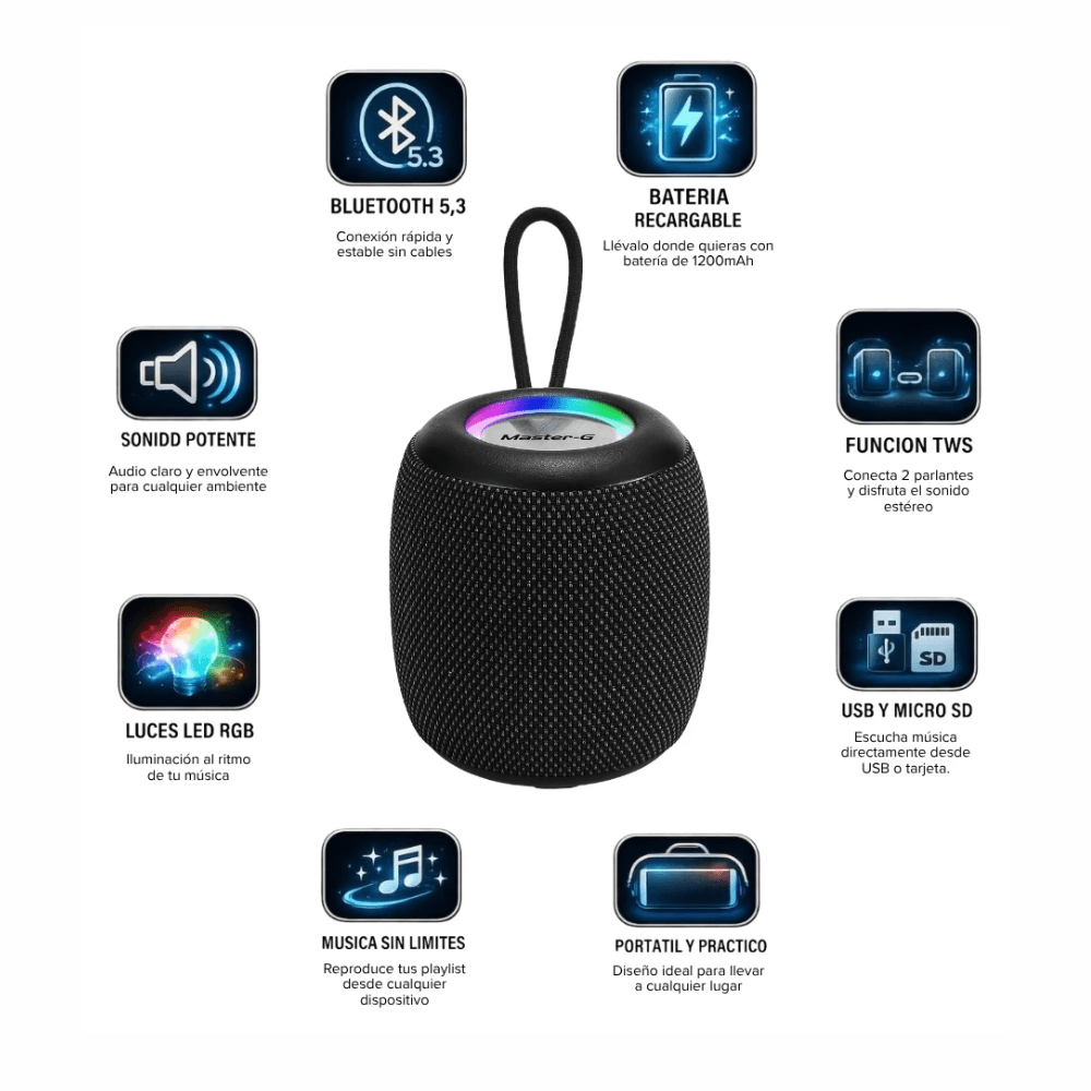 Imagen 2 del producto Parlante bluetooth portátil Master-G MGGRENADE, 5W RMS, hasta 4 horas de reproducción, TWS, Radio FM, USB, Micro SD, LED, negro