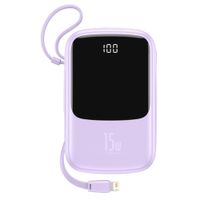 Batería externa Baseus 10000 mAh 15W, pantalla digital, 2 USB, Type-C, cable Lightning integrado, lila